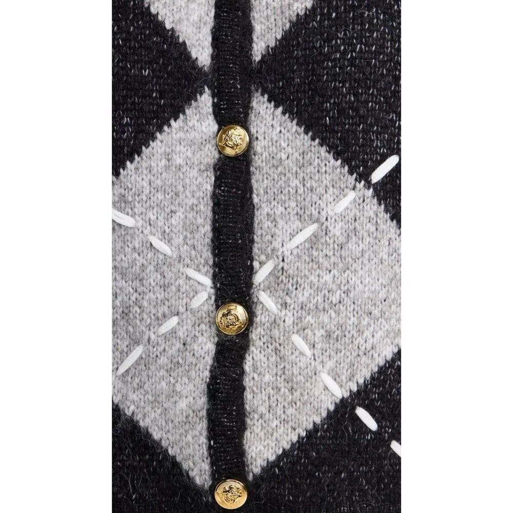 English Factory Argyle Cardigan Women S Heavyweight Cross Stitch Knit Black Gray - Picture 12 of 13
